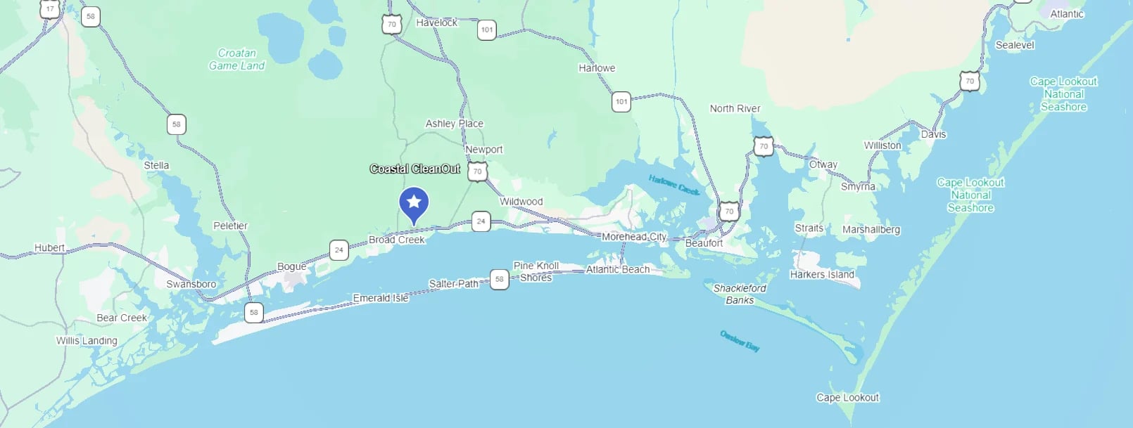 Map showing coastal area with roads, waterways, and location markers along the Gulf Coast including Havelock